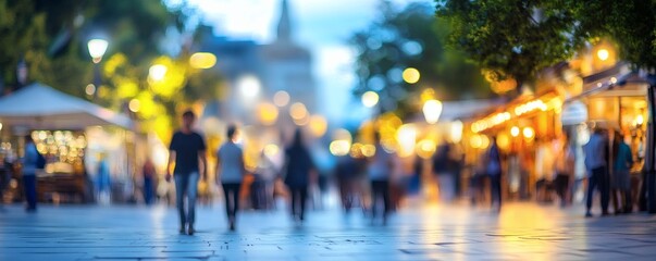 Evening city street scene showing blurred people and illuminated buildings