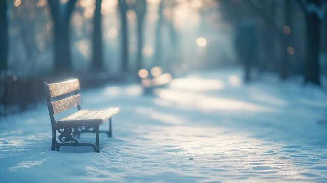 Empty park bench in snowy winter scene at sunrise.