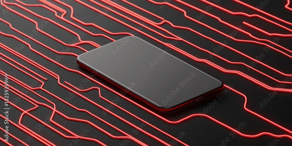 Poster a sleek smartphone rests on a circuit board design with vibrant red lines against a dark background,