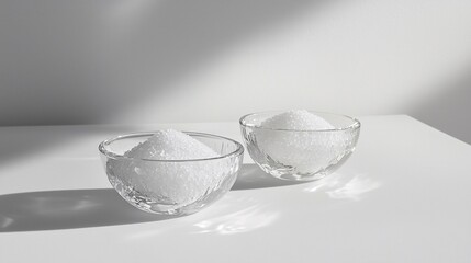 A sleek glass salt cellar against a white backdrop elegantly showcases the transparency and fine salt, enhanced by light refraction for a modern aesthetic.