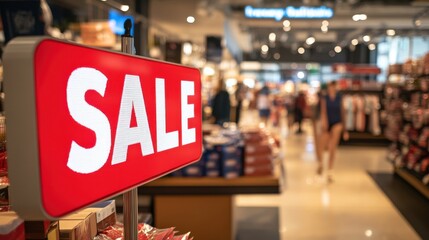 Bright Red Sale Sign in Bustling Retail Store with Shoppers Nearby