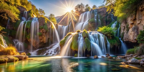 Obraz premium Majestic cascading waterfalls in Fuentes de Algar, reflecting the sun's rays and illuminating the surrounding rocks and vegetation with an ethereal glow , landscape, reflective