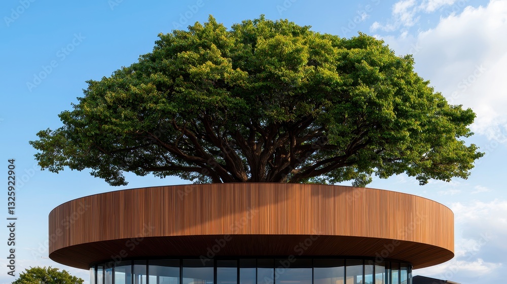 Poster A modern building with a circular wooden base topped by a large, lush tree, blending architecture with nature.