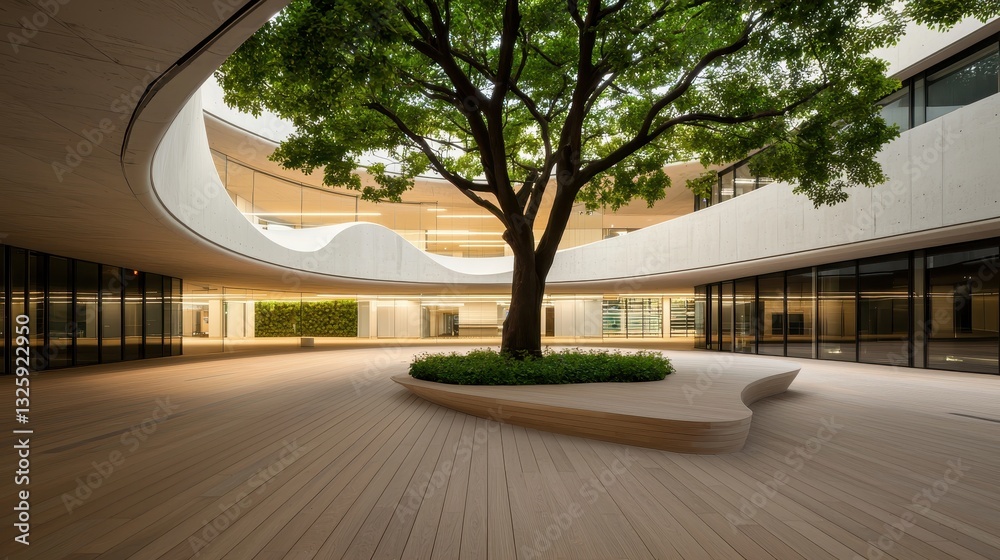Poster a modern architectural space featuring a central tree, surrounded by sleek walls and wooden flooring
