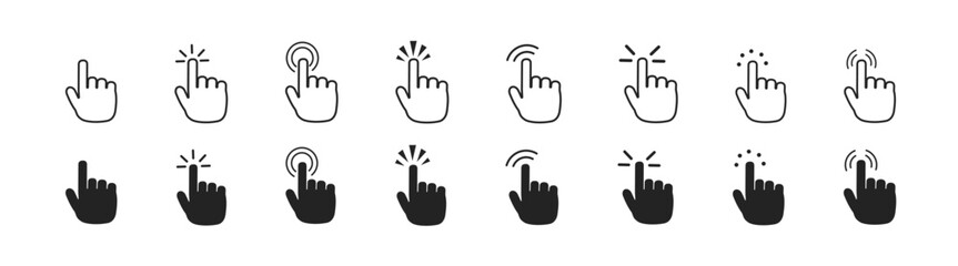 Click hand cursor icon set, hand pointer icon. Hand cursor and pointer icon for app, ui and website. Hand clicks. Vector illustration