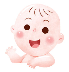 A joyful baby with a big smile, waving excitedly