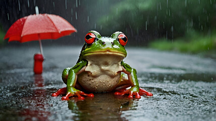 frog on a leaf, A frog with red boots and umbrella in rain symbolizes adaptation to climate change