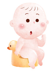 A cute watercolor-style digital illustration of a baby sitting on a duck-shaped potty with a surprised expression