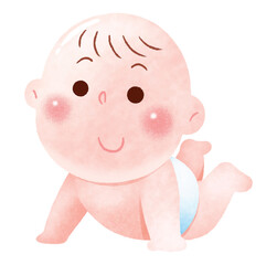 A charming watercolor-style digital illustration of a happy baby crawling on the floor. 