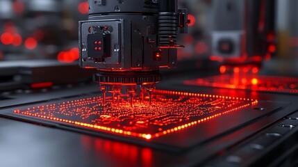 High Tech Automated Circuit Board Manufacturing Process with Red LED Illumination