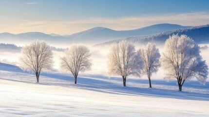 Frosty Winter Trees on Snowy Plains