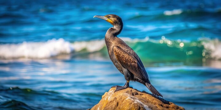 Brandt's Cormorant perched on rock near ocean shore, marine wildlife