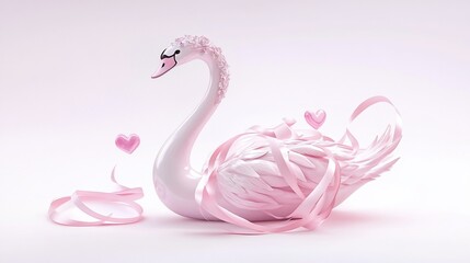 Fototapeta premium Pink swan figurine adorned with pink ribbons and hearts on a pink background.