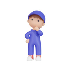 3DCG｜作業服のツナギを着て考え事をする作業員男性