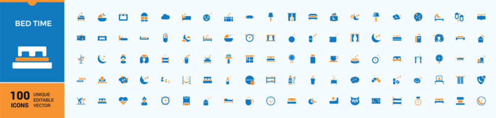 Bed Time colorful minimal icon set. Featuring relaxation, moon, sleep, rest, pillow, bed and more. Set of solid pictogram. Dream solid icons. Editable vector art.