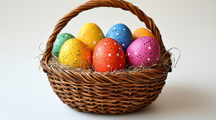 Colorful easter eggs in a wicker basket on white background