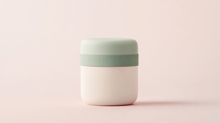 Minimalist off-white and sage green insulated travel mug on pink background.