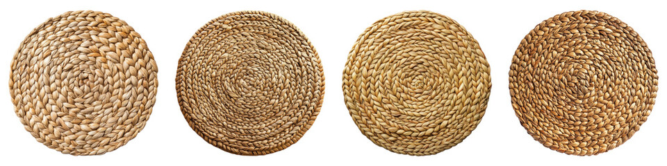 Round woven straw mat isolated on transparent background, PNG, Set of