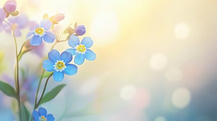 Obraz premium Delicate forget me not flowers on soft blurred pastel background banner
