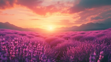 Fototapeta premium Serene lavender field at sunset with vibrant sky and distant mountains