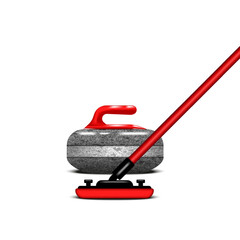 Realistic curling stone with sweeping broom isolated on white background, professional winter sport equipment for strategic game on ice, detailed vector 3d illustration of competition tools.