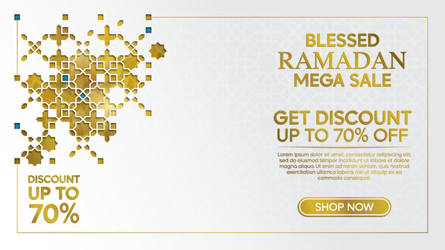 Ramadan Mega Sale Digital Poster with Ornamental Details background with geometric pattern