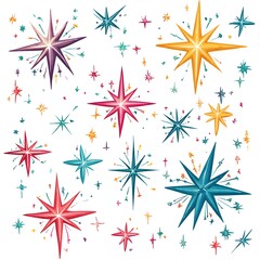 A whimsical collection of colorful stars in various sizes isolated on a bright white background for festive decor