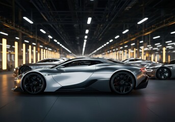 Obraz premium Sleek silver sports car showcased in a modern automotive showroom