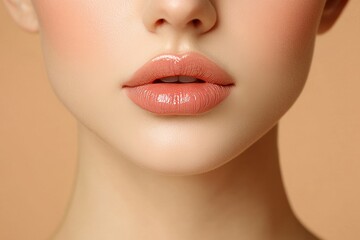 Fototapeta premium Closeup Nude Lips Makeup Peach Glossy Beauty Skin face girl woman model color shiny smooth texture 