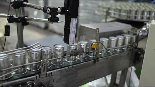 Tin can speed travel in convey belt production line in food manufacturing, Fish canned factory.