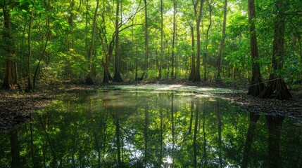 Lush Forest Pond Sunlight Reflections