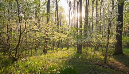 Obraz premium summer forest with green trees and blooming plants bathed in soft diffuse morning light