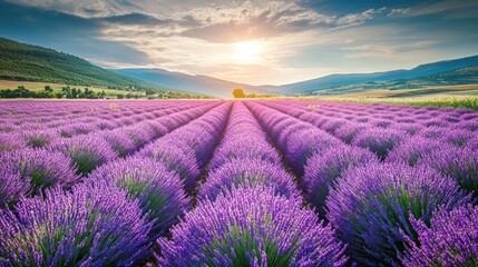 Fototapeta premium Lavender Field Sunrise Mountain View