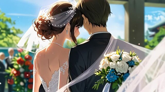Capture of couple sharing moment during their beautiful wedding day outdoors