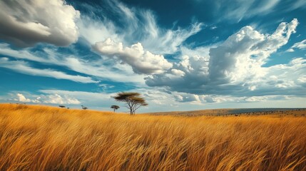 Golden African Savanna Under Dramatic Sky