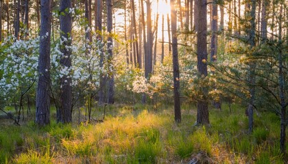 Obraz premium summer forest with green trees and blooming plants bathed in soft diffuse morning light