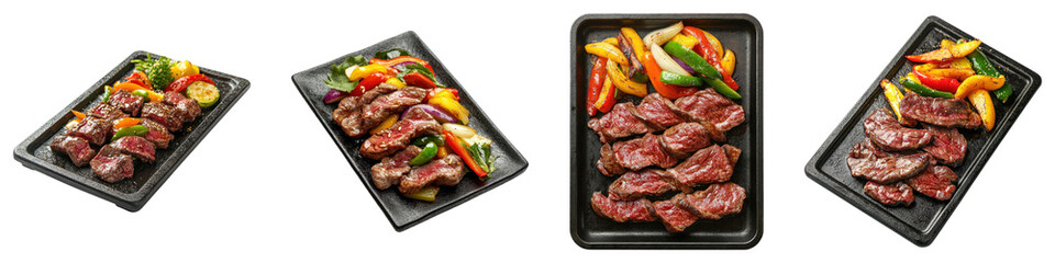 Teppanyaki grilled wagyu beef isolated on transparent background, PNG, Set of