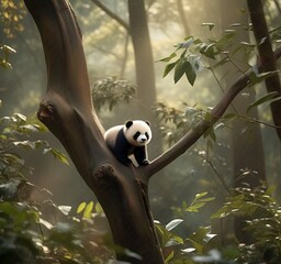 Panda on the tree, looks like he wants to come down