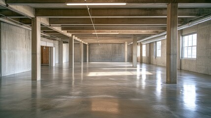 Empty, spacious industrial loft interior with polished concrete floor, exposed beams, and large windows.