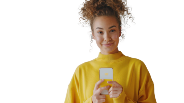 Young woman using smartphone with transparent background