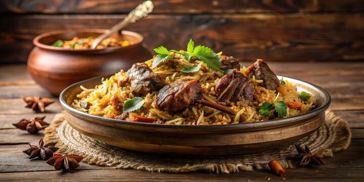 Steaming plate of aromatic mutton biryani on a wooden table with a hint of spice and herbs, spicy, Indian cuisine