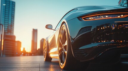 Sleek sports car at sunset in city.