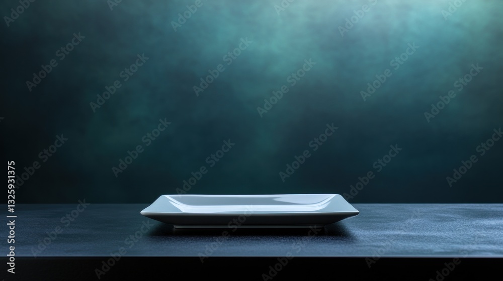 Poster empty square white plate on dark table against a moody teal background.