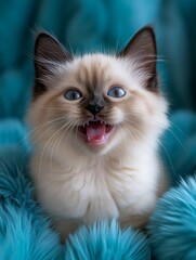 Cute ragdoll kitten meowing on turquoise blanket