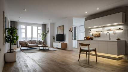 Fototapeta premium modern living room, An energy efficiency concept showcasing a modern LED lighting, and energy-saving appliances, symbolizing low power consumption and the adoption of renewable energy sources