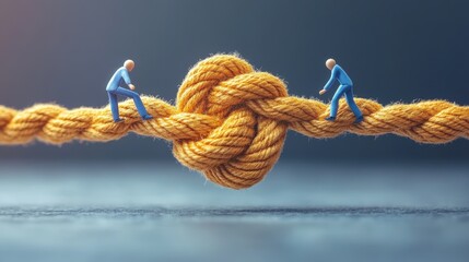 Conceptual image of teamwork and problem solving with figures on knotted rope