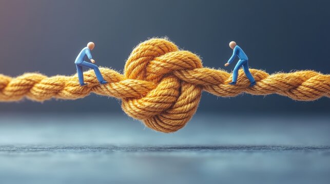 Conceptual image of teamwork and problem solving with figures on knotted rope
