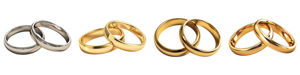 Wedding rings attached isolated on transparent background, PNG, Set of