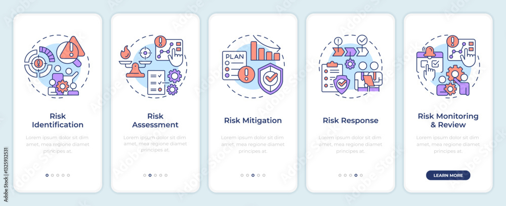 Wall mural risk management process onboarding mobile app screen. walkthrough 5 steps editable graphic instructi
