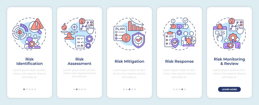 Risk management process onboarding mobile app screen. Walkthrough 5 steps editable graphic instructions with linear concepts. UI, UX, GUI template. Montserrat SemiBold, Regular fonts used